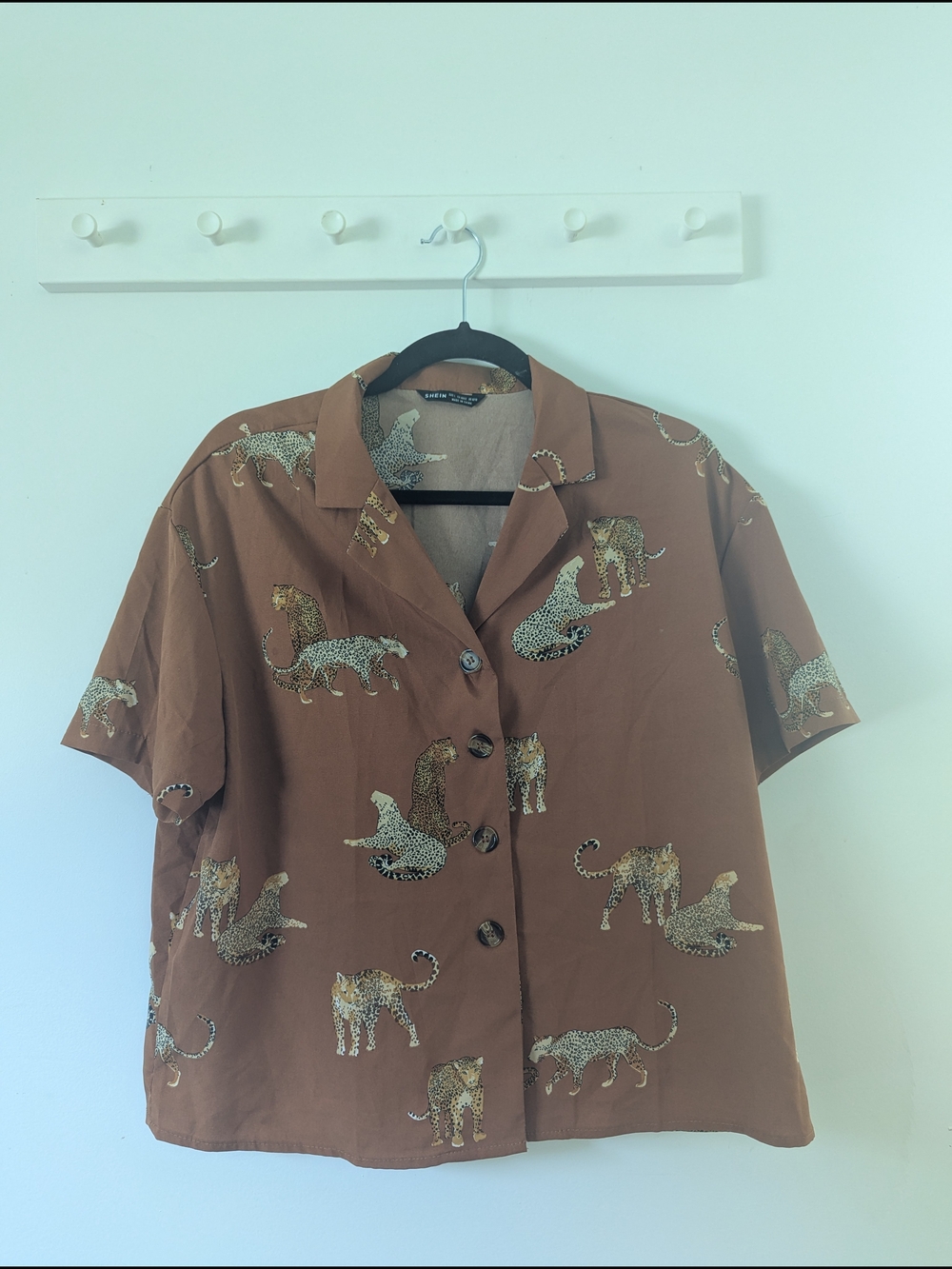 SHEIN Brown Short-Sleeve Button-Down Leopard Motif Camp Shirt